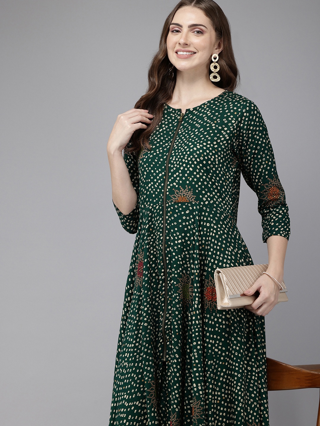 

Vedic Bandhani Printed Midi Ethnic Dress, Green