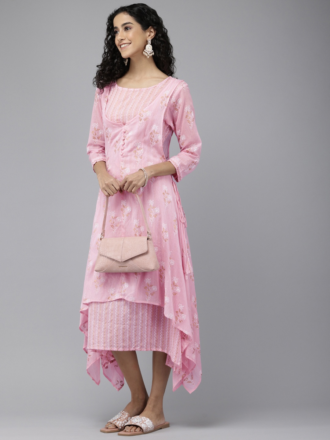 

Vedic Floral Printed Layered A-Line Midi Ethnic Dess, Pink