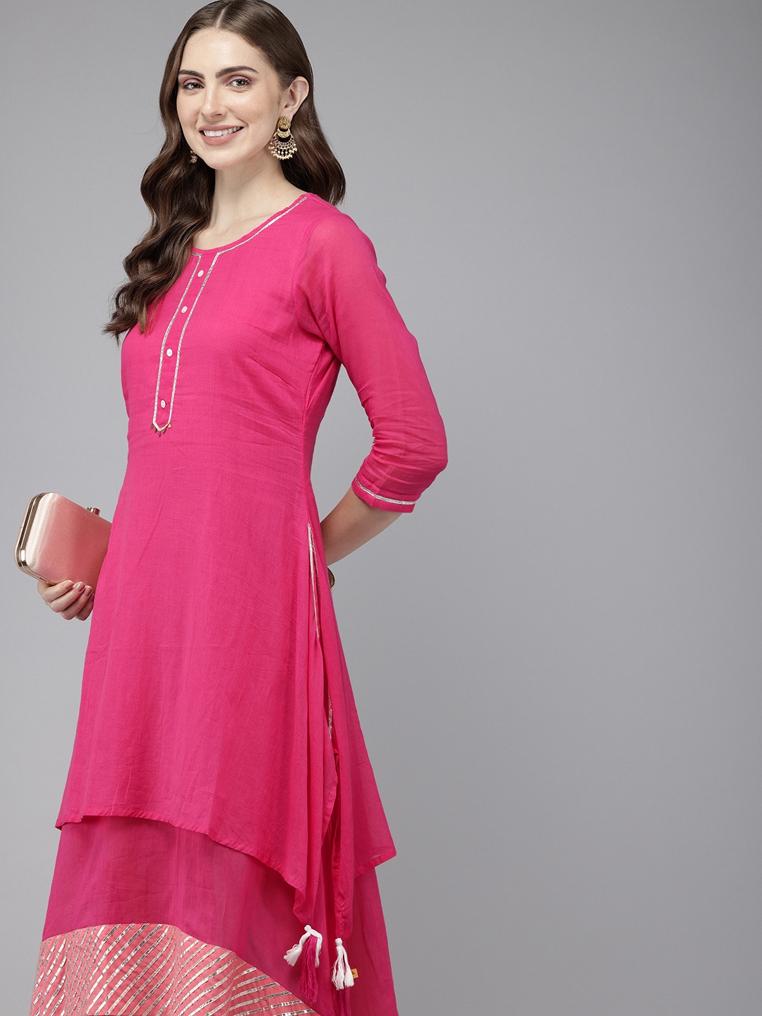 

Vedic Gotta Patti Layered A-Line Midi Ethnic Dess, Pink