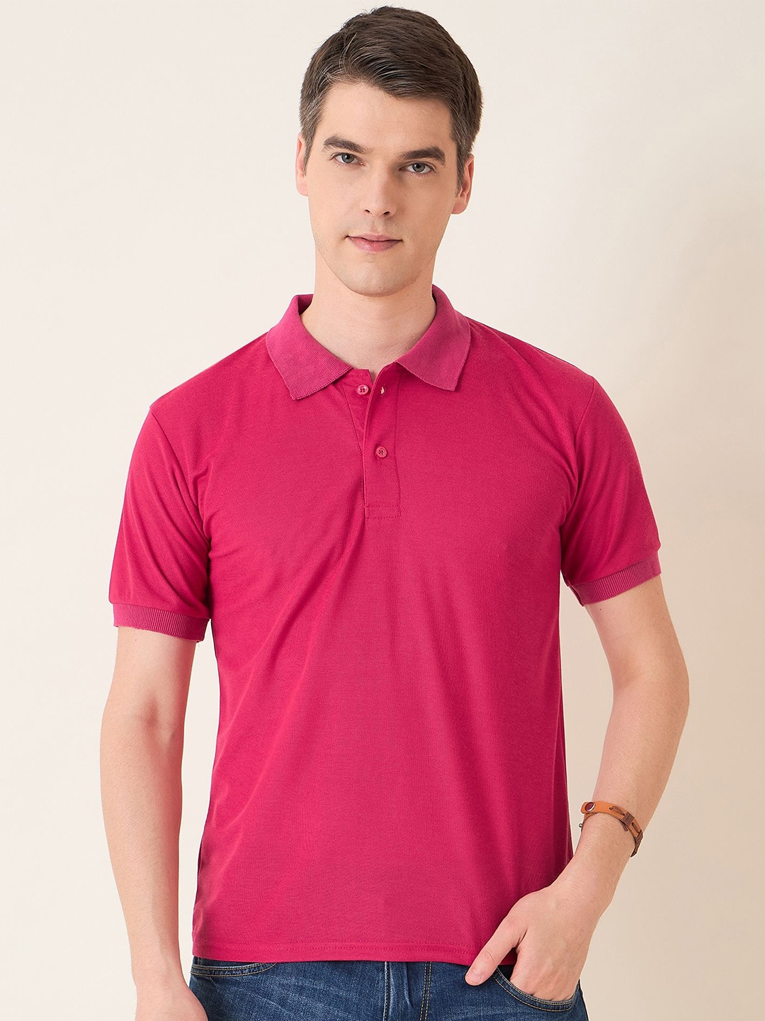 

Mast & Harbour Men Polo Collar Solid Cotton T-shirt, Pink