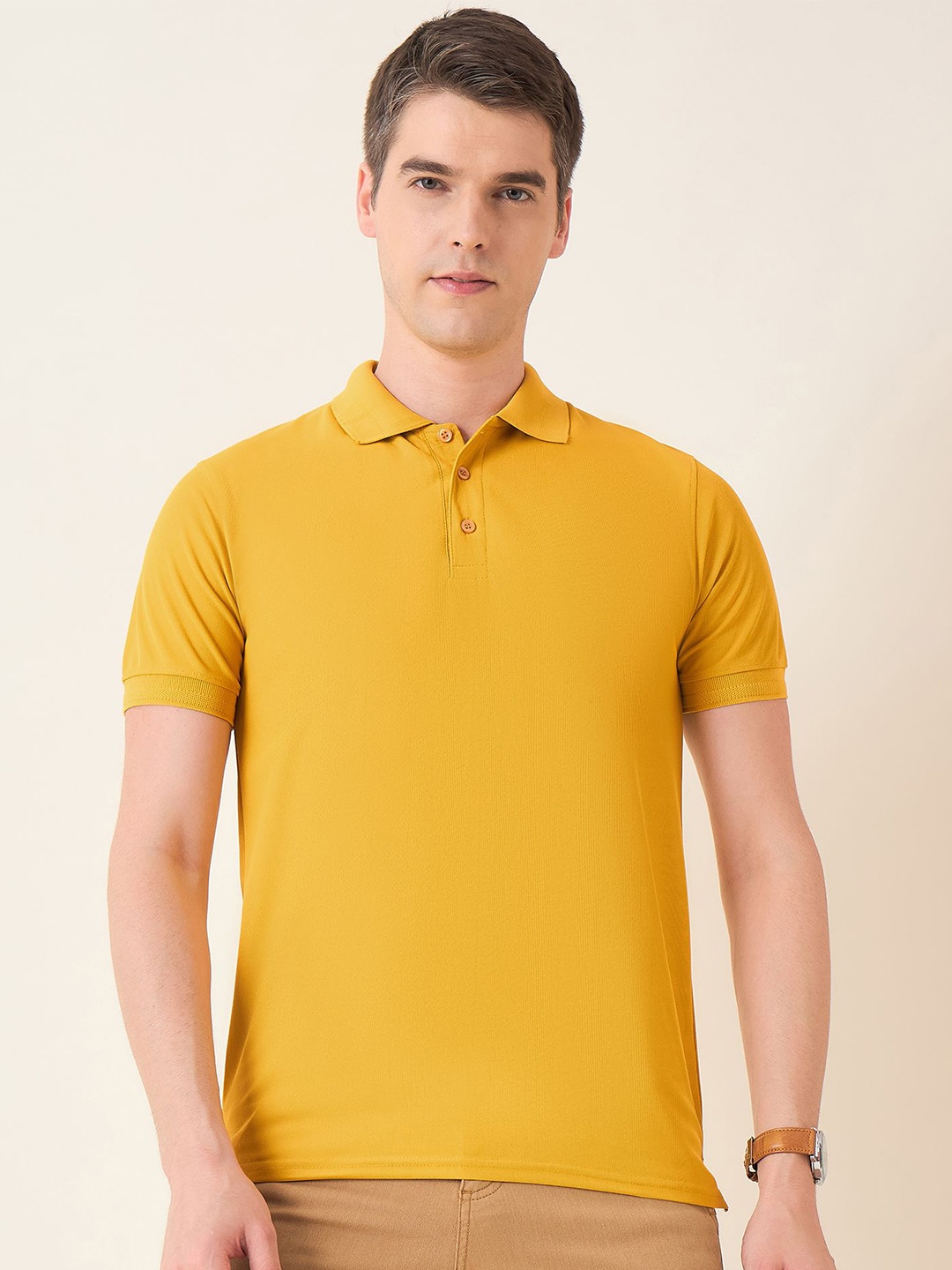 

Mast & Harbour Men Polo Collar Solid Cotton T-shirt, Mustard