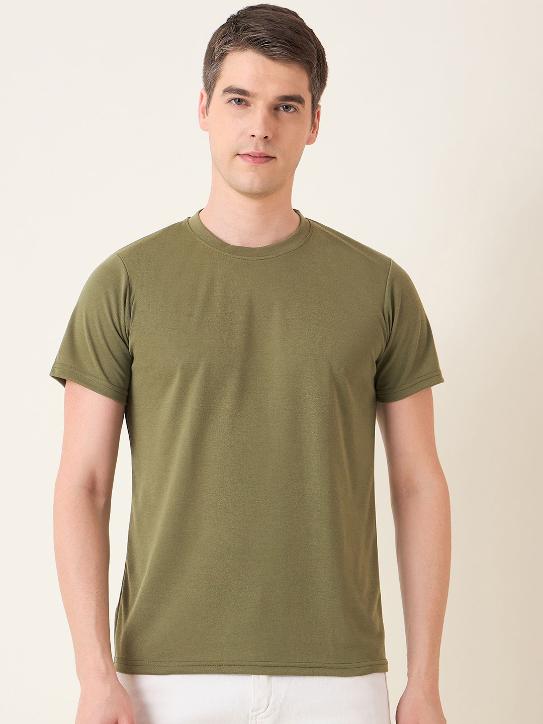 

Mast & Harbour Men Round Neck Solid Cotton T-shirt, Olive