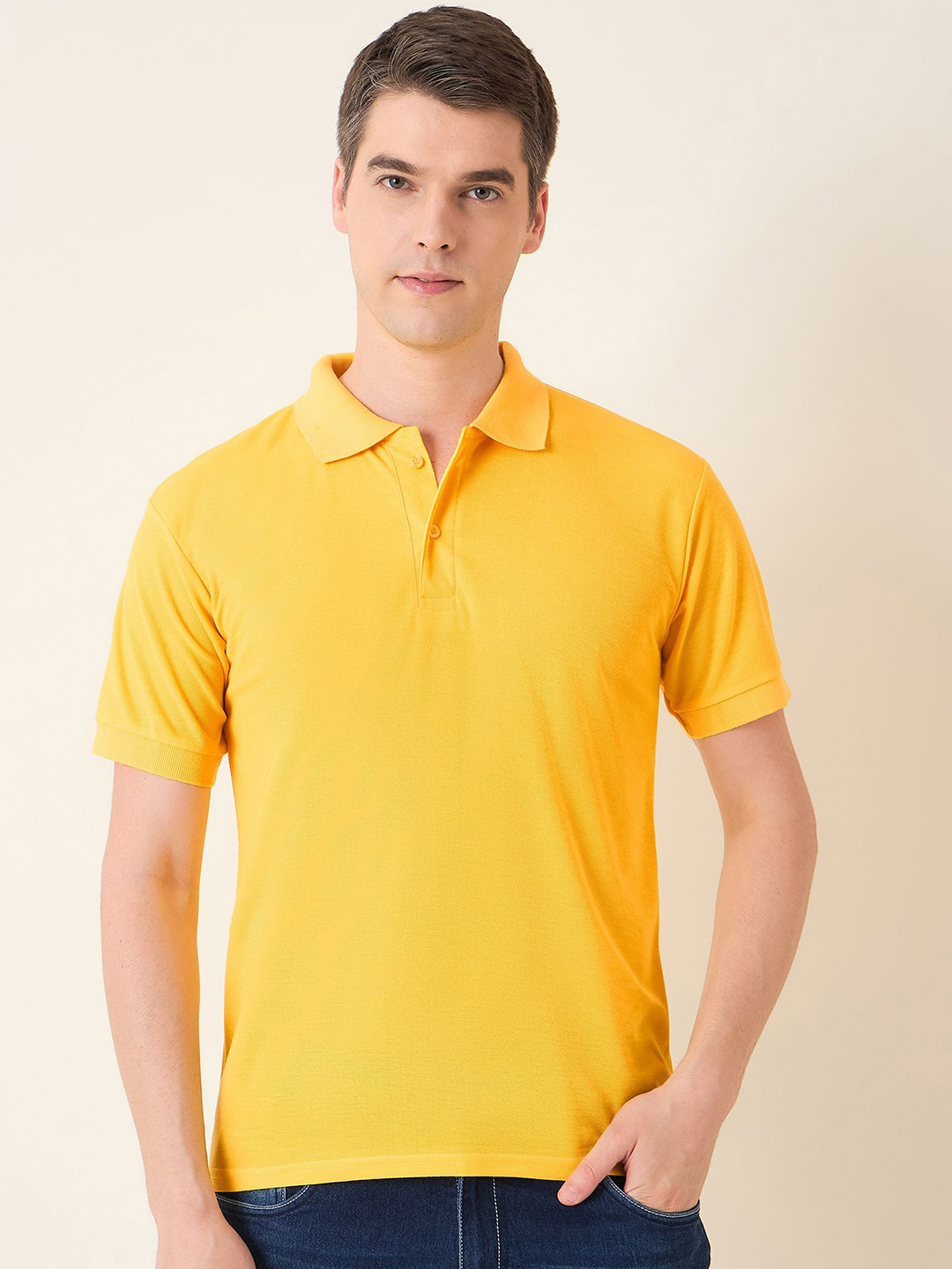 

Mast & Harbour Men Polo Collar Solid Cotton T-shirt, Yellow