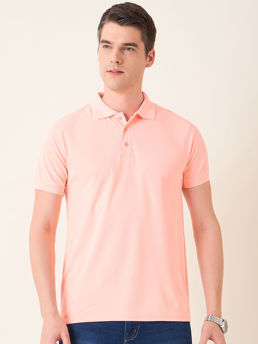 

Mast & Harbour Men Polo Collar Solid Cotton T-shirt, Peach