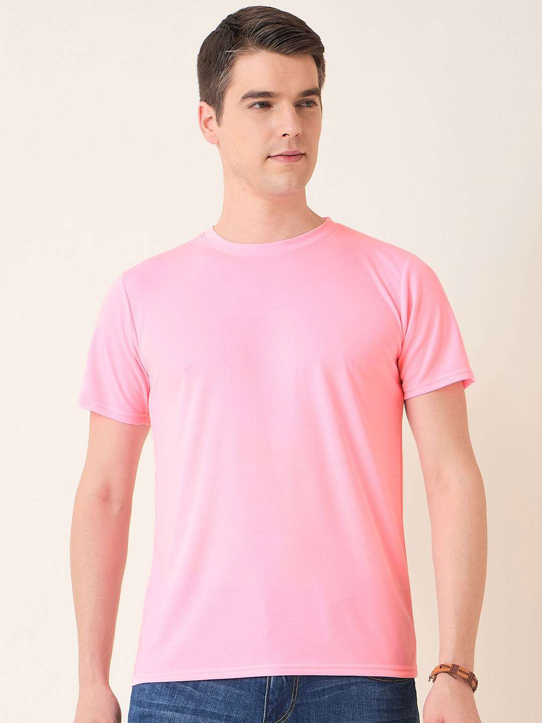 

Mast & Harbour Men Round Neck Solid Cotton T-shirt, Pink