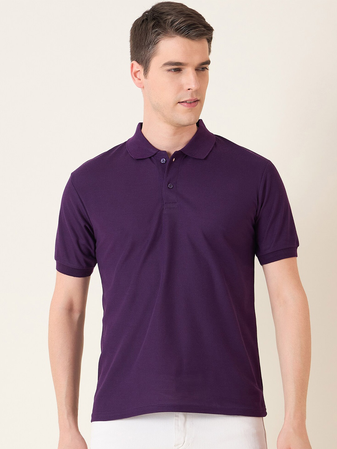 

Mast & Harbour Men Polo Collar Solid Cotton T-shirt, Purple