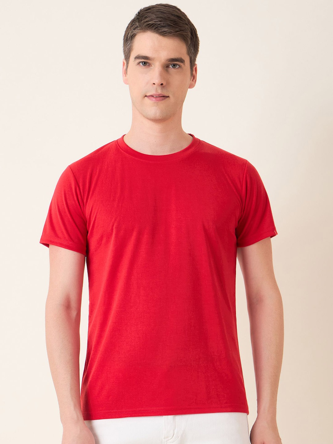 

Mast & Harbour Men Round Neck Solid Cotton T-shirt, Red