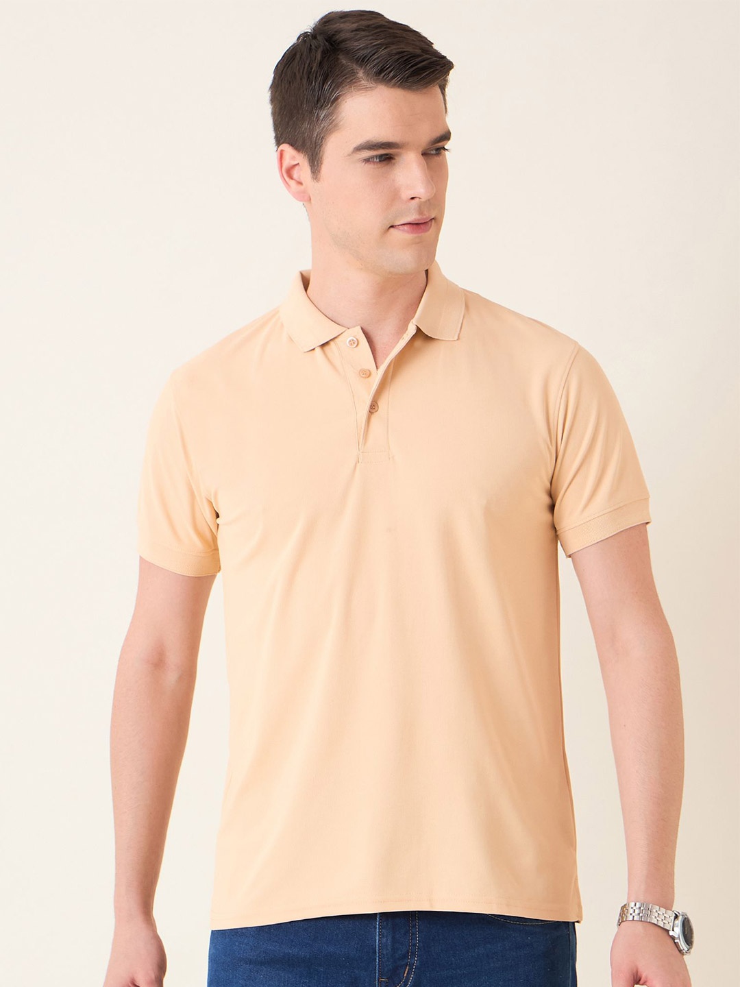 

Mast & Harbour Men Polo Collar Solid Cotton T-shirt, Cream