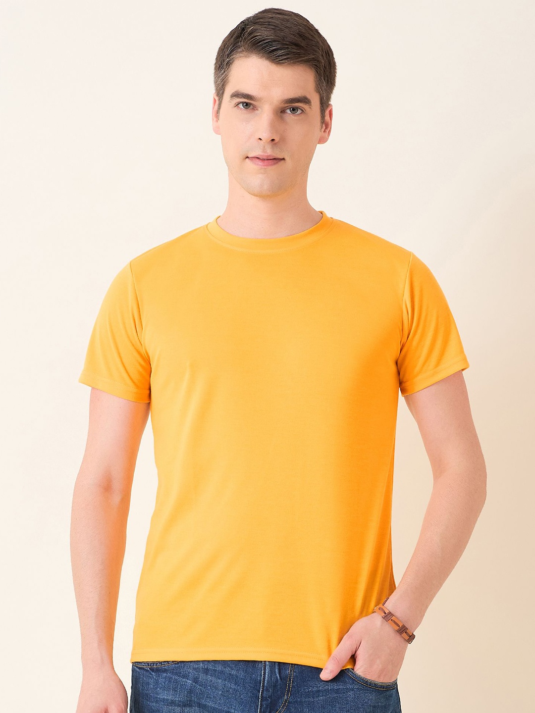 

Mast & Harbour Men Round Neck Solid Cotton T-shirt, Yellow
