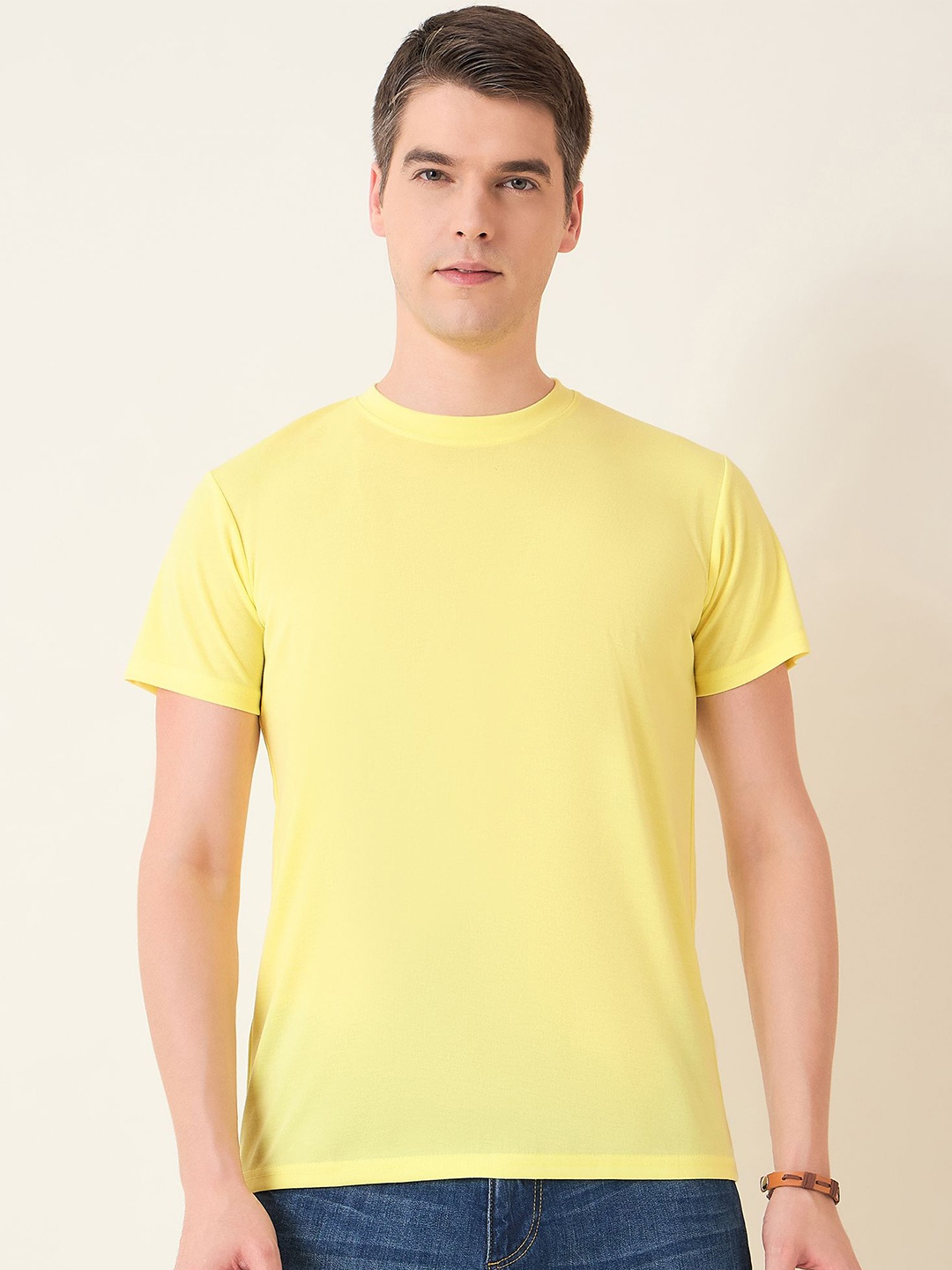 

Mast & Harbour Men Round Neck Solid Cotton T-shirt, Lime green