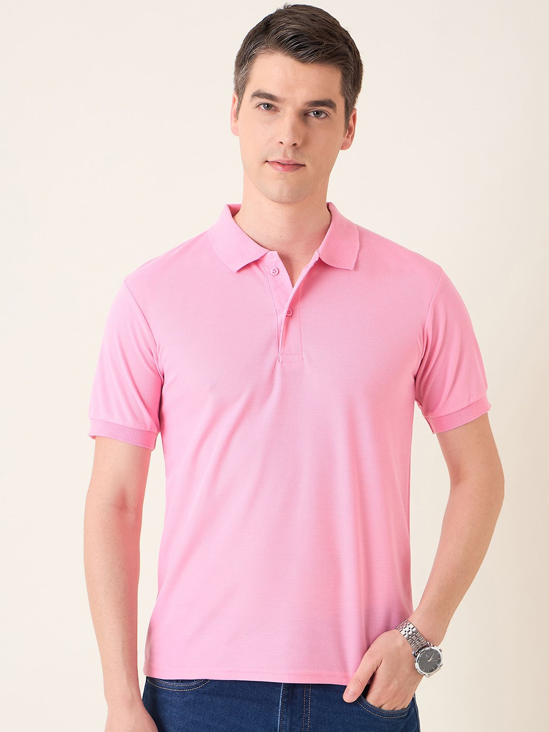 

Mast & Harbour Men Polo Collar Solid Cotton T-shirt, Pink