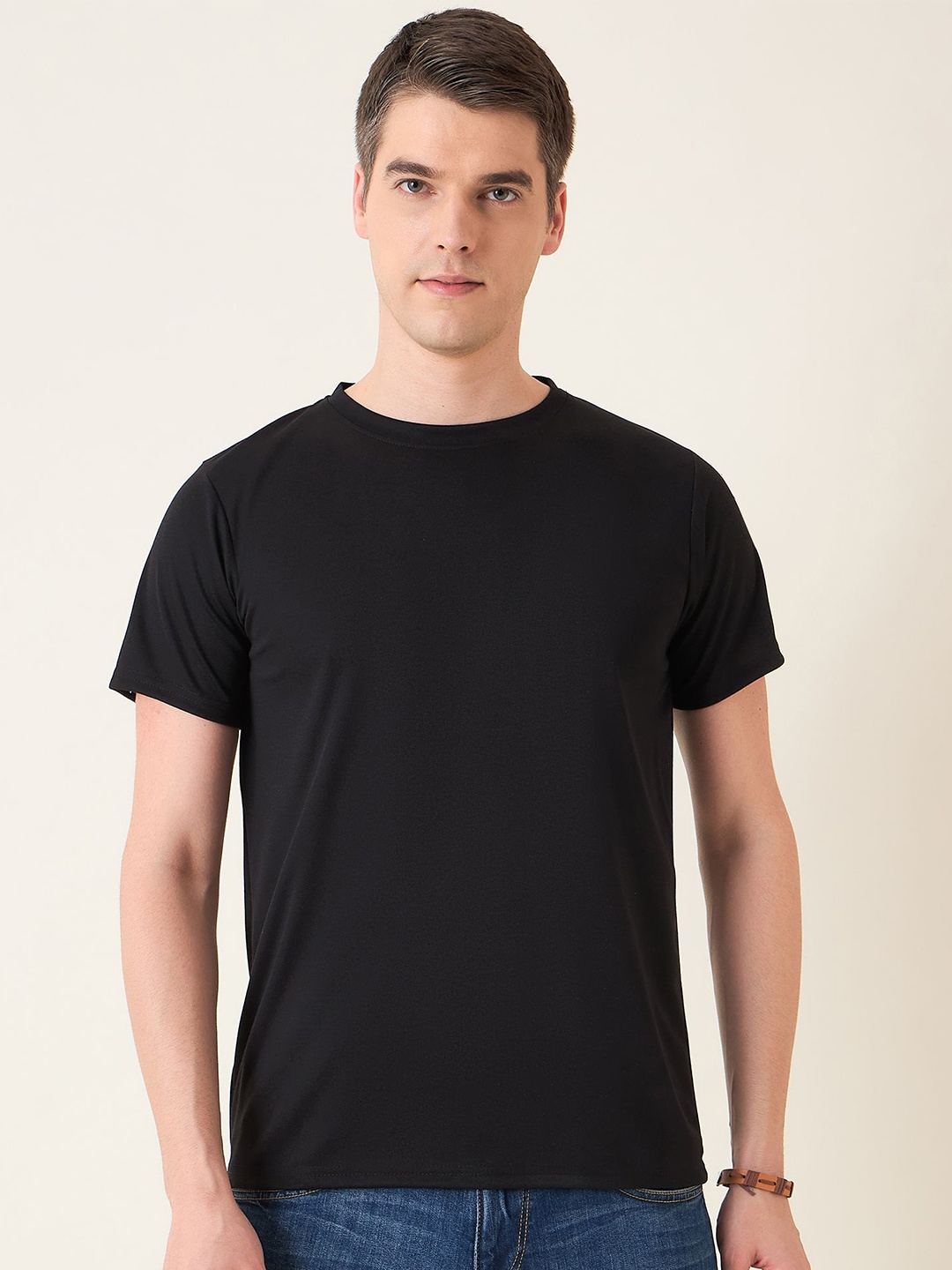 

Mast & Harbour Men Round Neck Solid Cotton T-shirt, Black