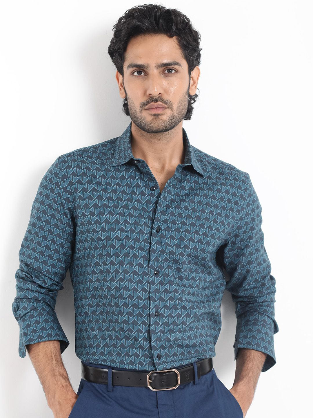 

RARE RABBIT Men Avior Regular Fit Geometric Printed Spread Collar Shirt, Teal