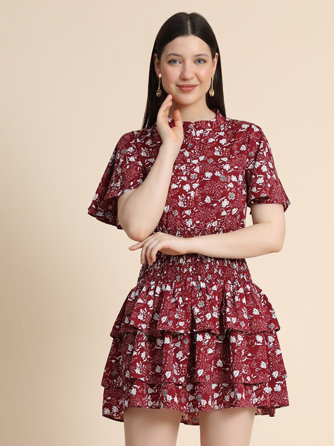 

BAESD Floral Printed Chinese Collar Layered Fit & Flare Dress, Maroon