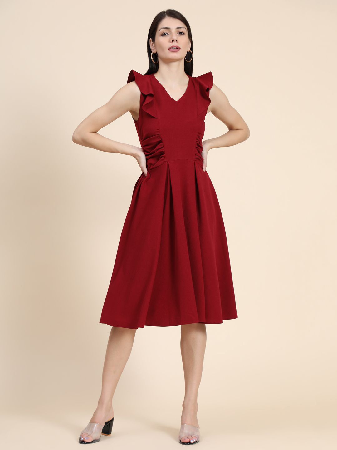 

BAESD V-Neck Fit & Flare Midi Dress, Maroon