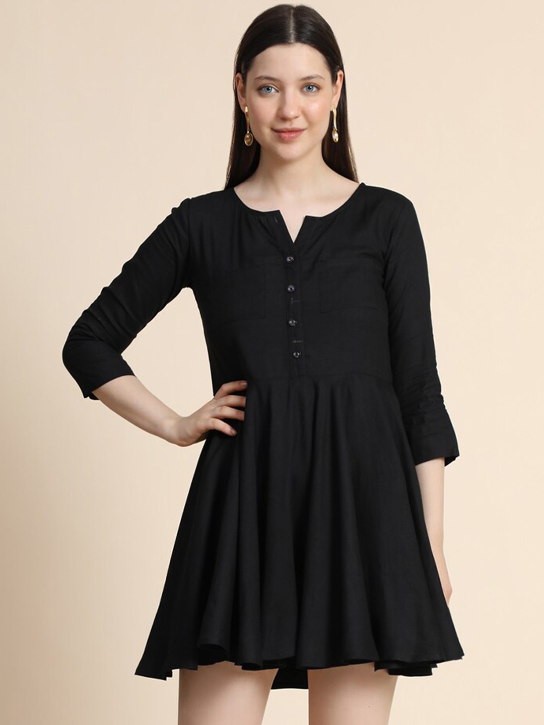

BAESD Notched Neck Fit & Flare Mini Dress, Black