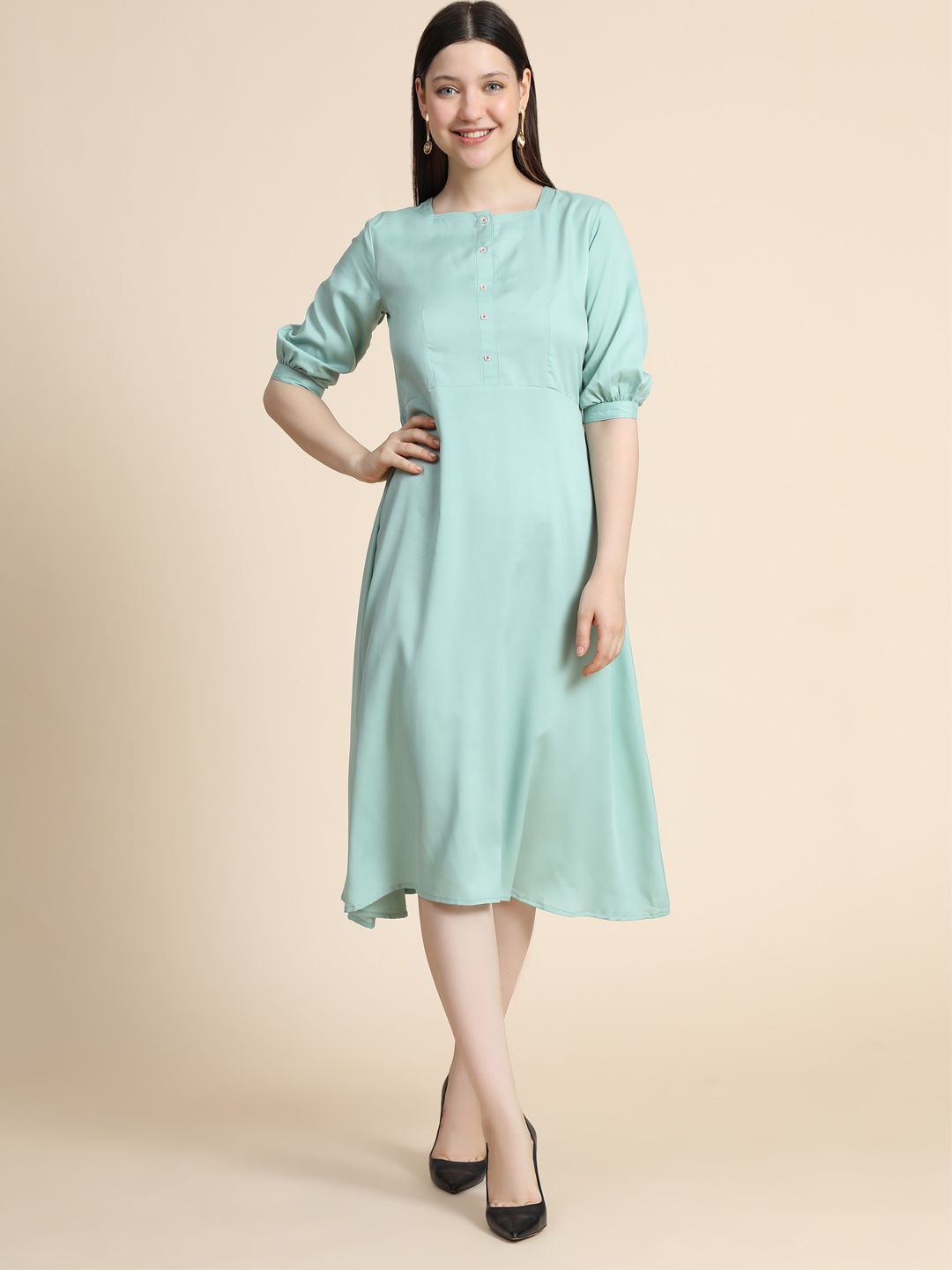 

BAESD Puff Sleeve A-Line Midi Dress, Sea green