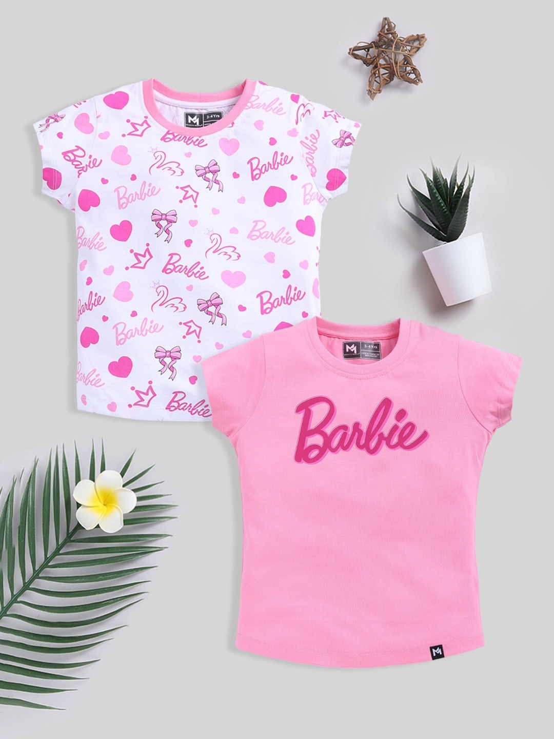 

YK X Minute Mirth Girls Pack of 2 Barbie Printed Pure Cotton Tops, White