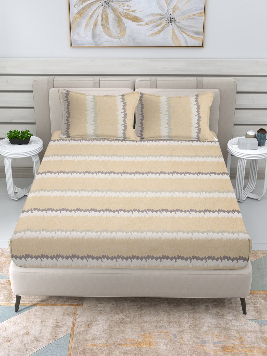 

FABINALIV Beige & White Striped 300 TC King Bedsheet with 2 Pillow Covers