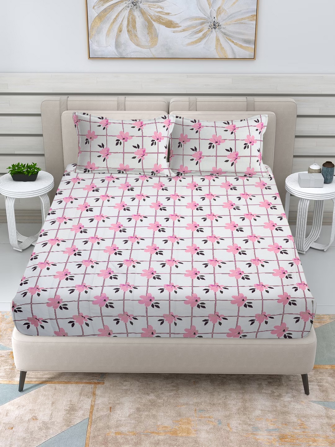 

FABINALIV Pink & White Floral 300 TC King Bedsheet with 2 Pillow Covers