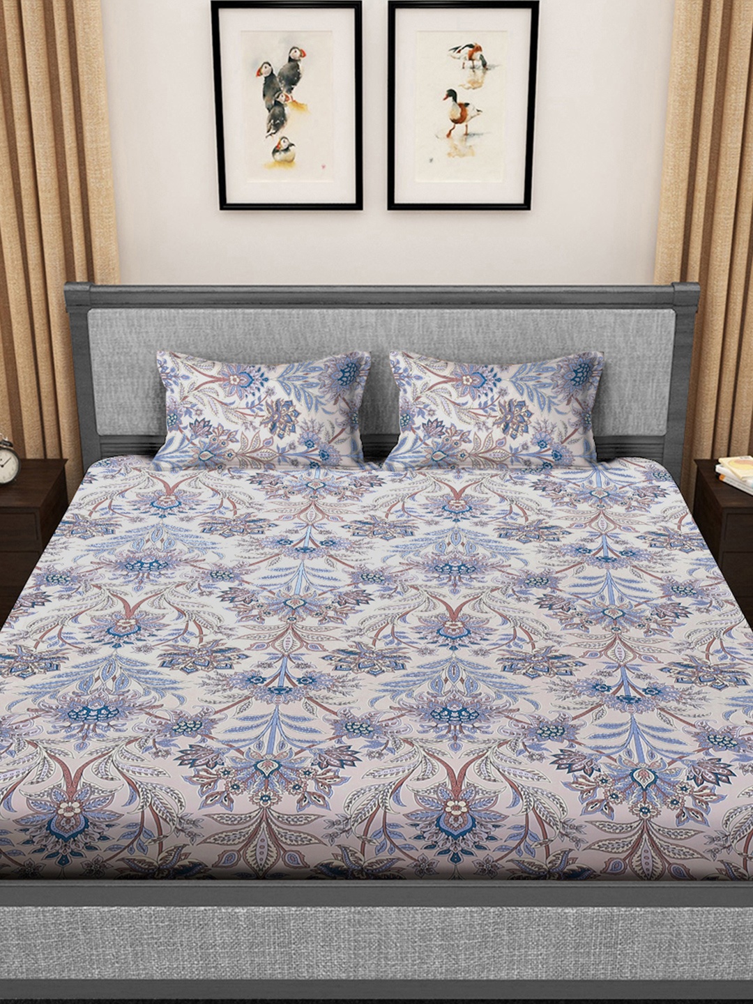 

FABINALIV Blue & Grey Floral 300 TC King Bedsheet with 2 Pillow Covers