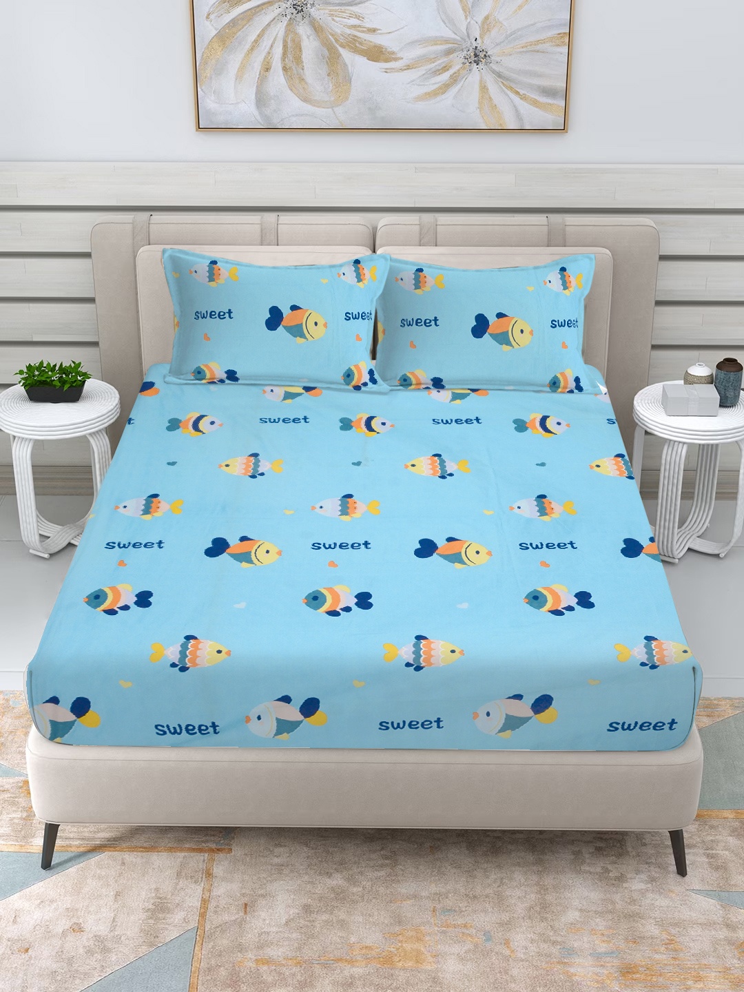 

FABINALIV Blue & Yellow Cartoon Characters 300 TC King Bedsheet with 2 Pillow Covers