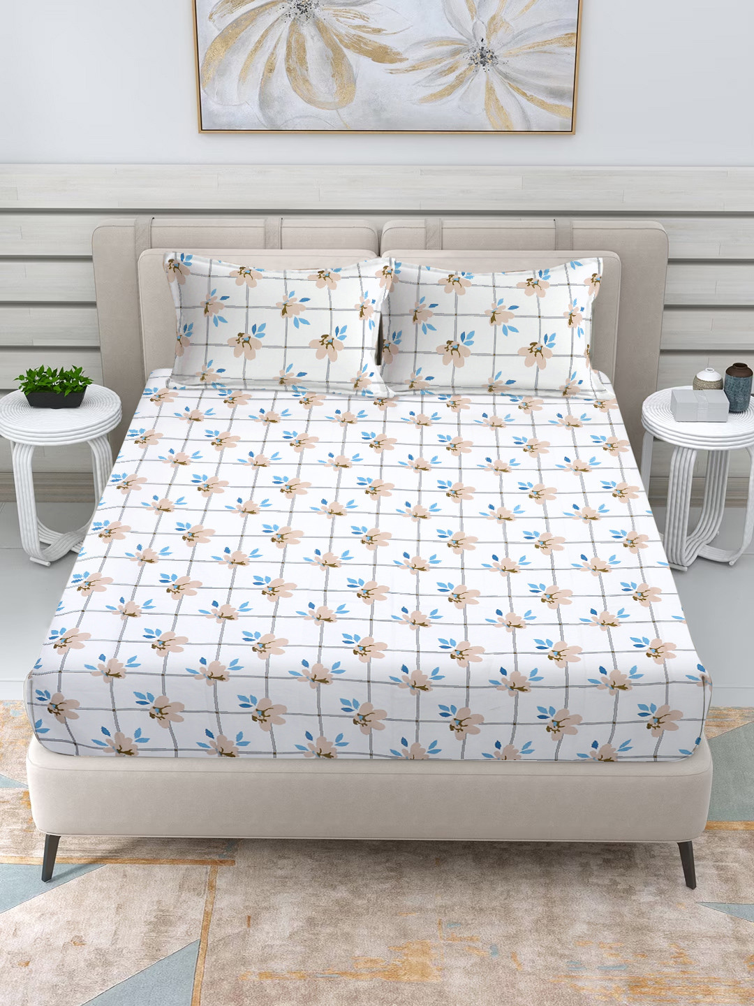 

FABINALIV White & Blue Floral 300 TC King Bedsheet with 2 Pillow Covers