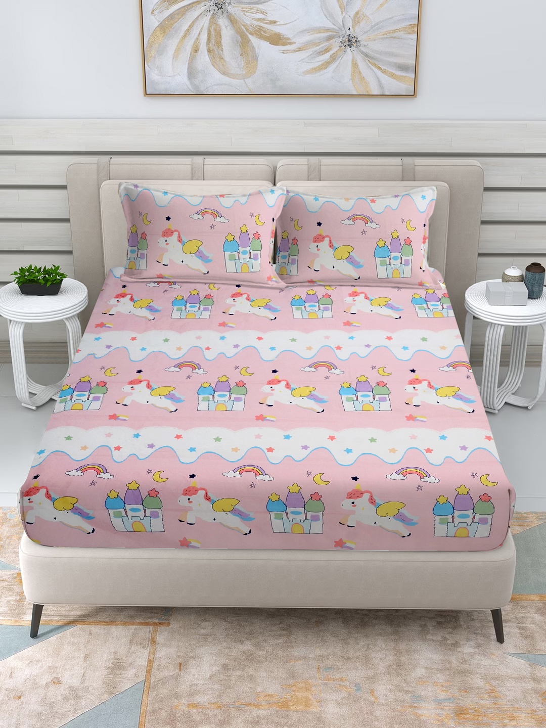 

FABINALIV Pink & Blue Cartoon Characters 300 TC King Bedsheet with 2 Pillow Covers