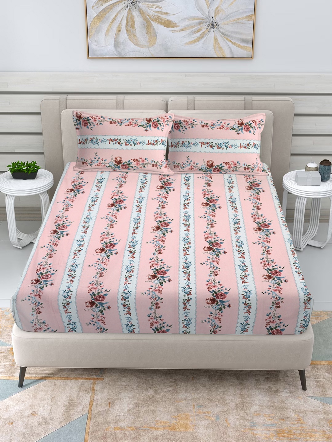 

FABINALIV Pink & Green Printed 300 TC King Bedsheet With 2 Pillow Covers