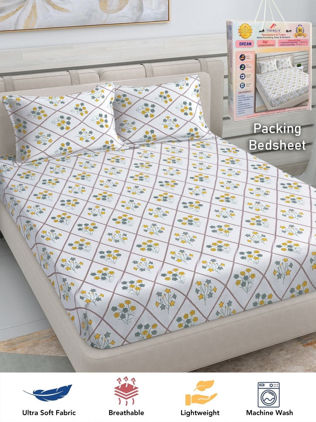 

FABINALIV White & Grey Floral 300 TC King Bedsheet with 2 Pillow Covers