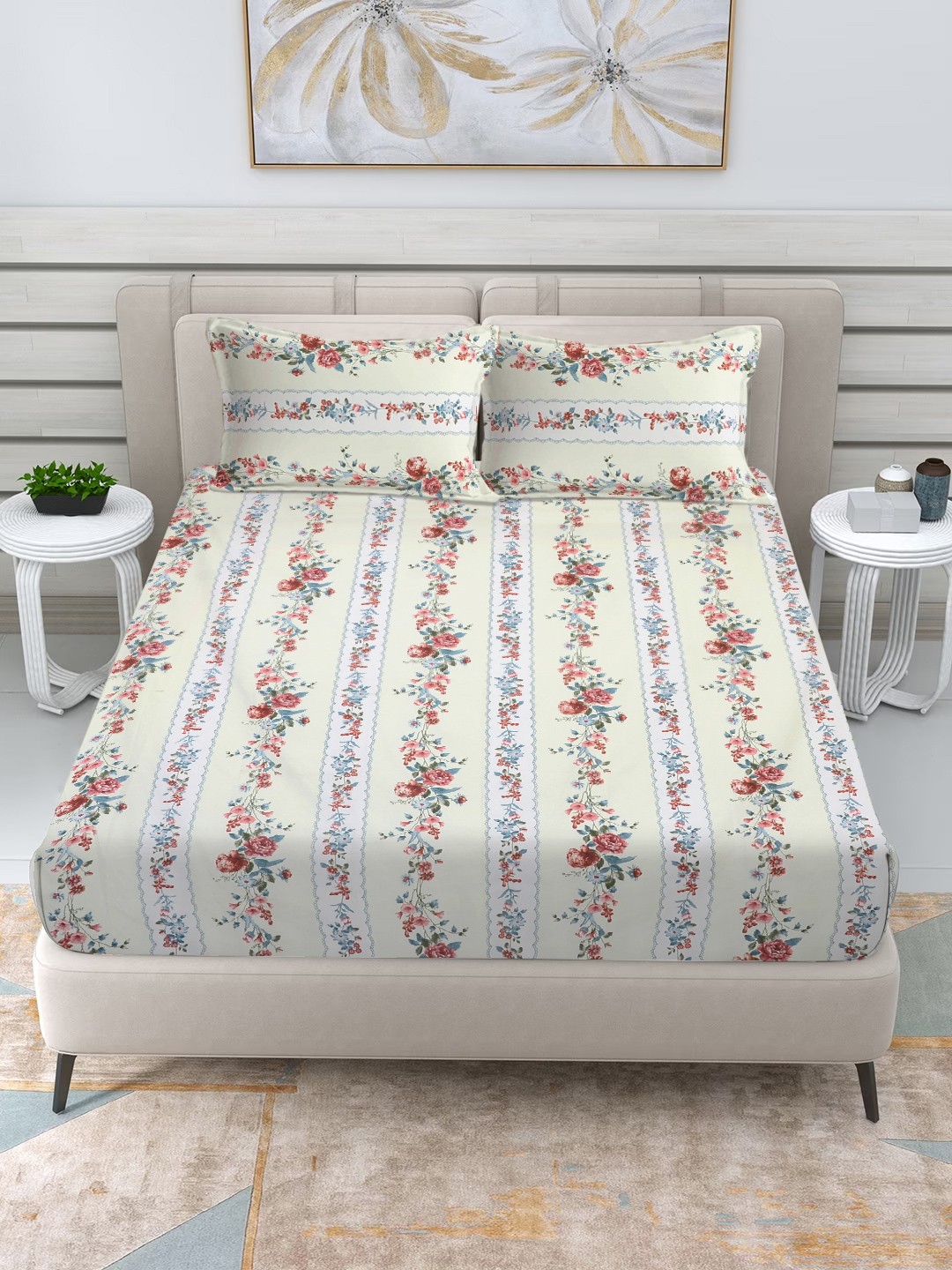 

FABINALIV Cream-Coloured & Red Floral 300 TC King Bedsheet with 2 Pillow Covers