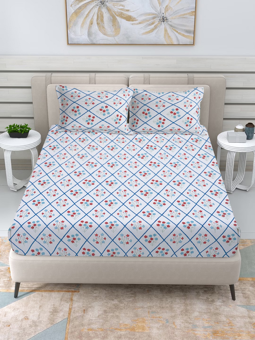 

FABINALIV Blue & White Floral 300 TC King Bedsheet with 2 Pillow Covers