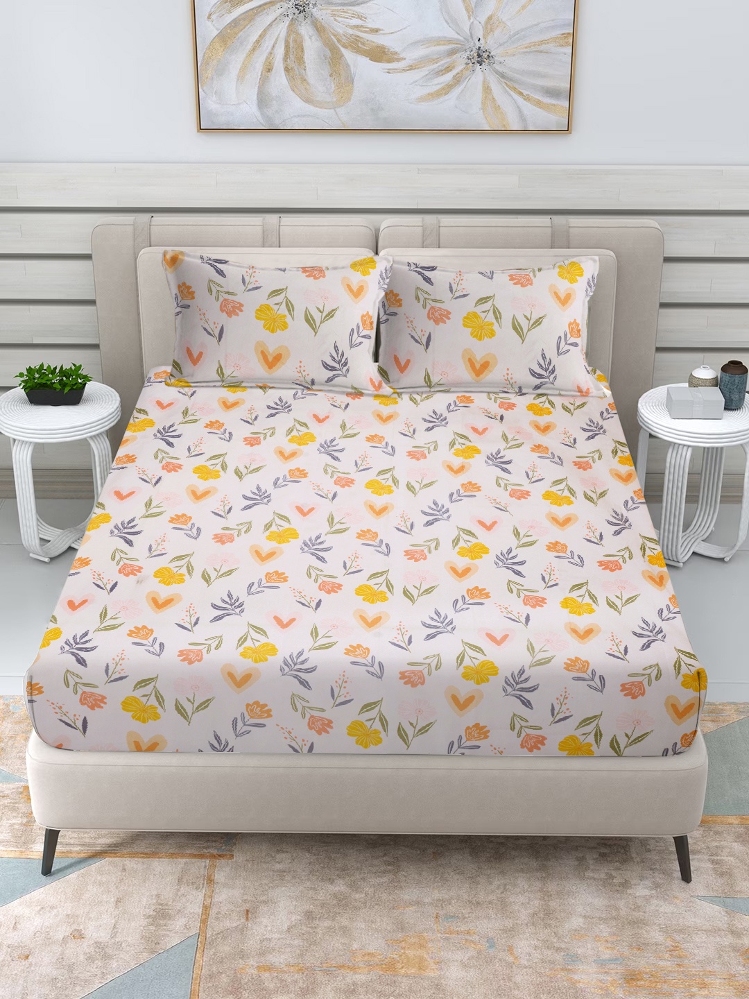 

FABINALIV Cream-Coloured & Yellow Floral 300 TC King Bedsheet with 2 Pillow Covers