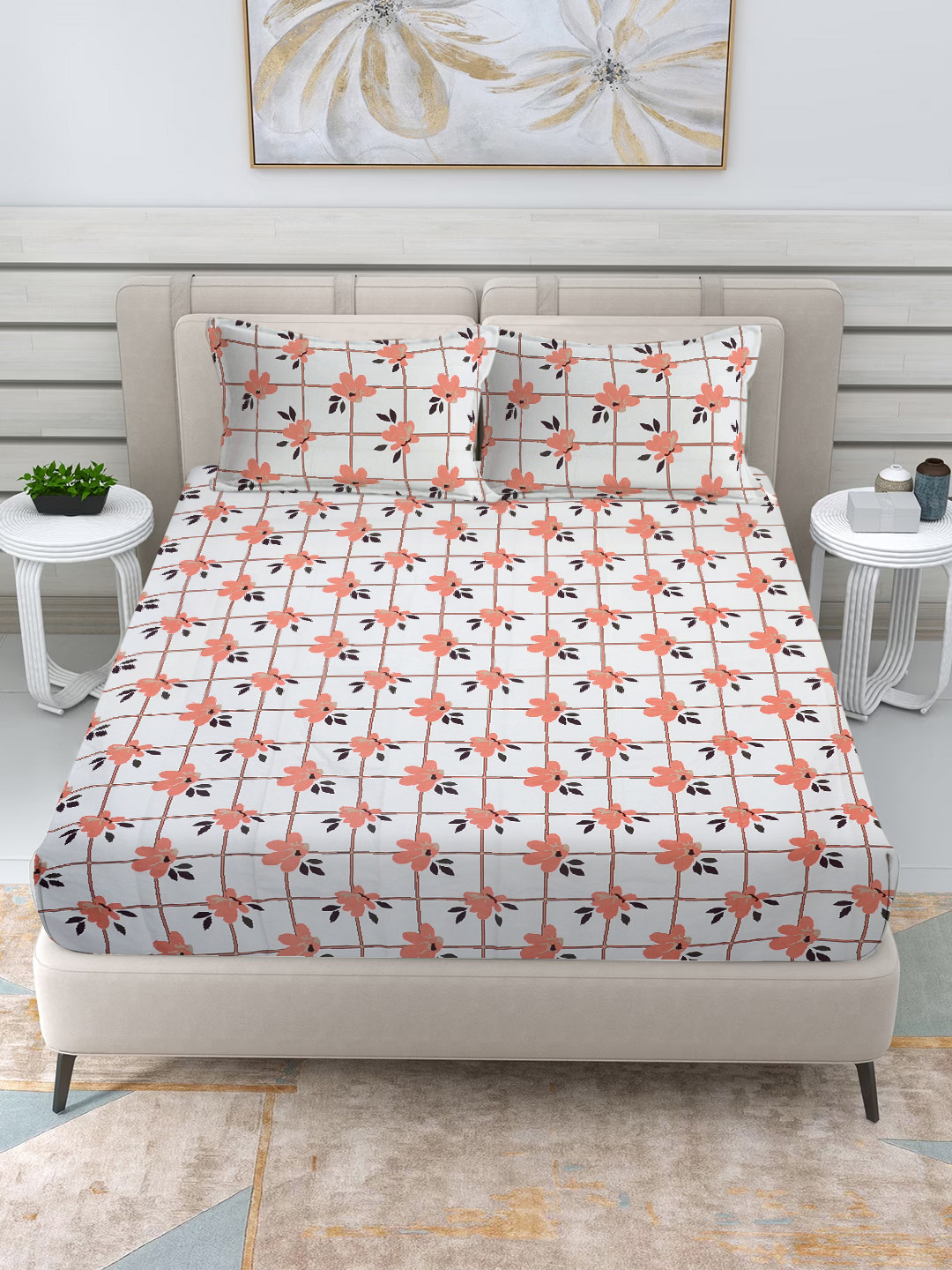 

FABINALIV Orange & White Floral 300 TC King Bedsheet with 2 Pillow Covers