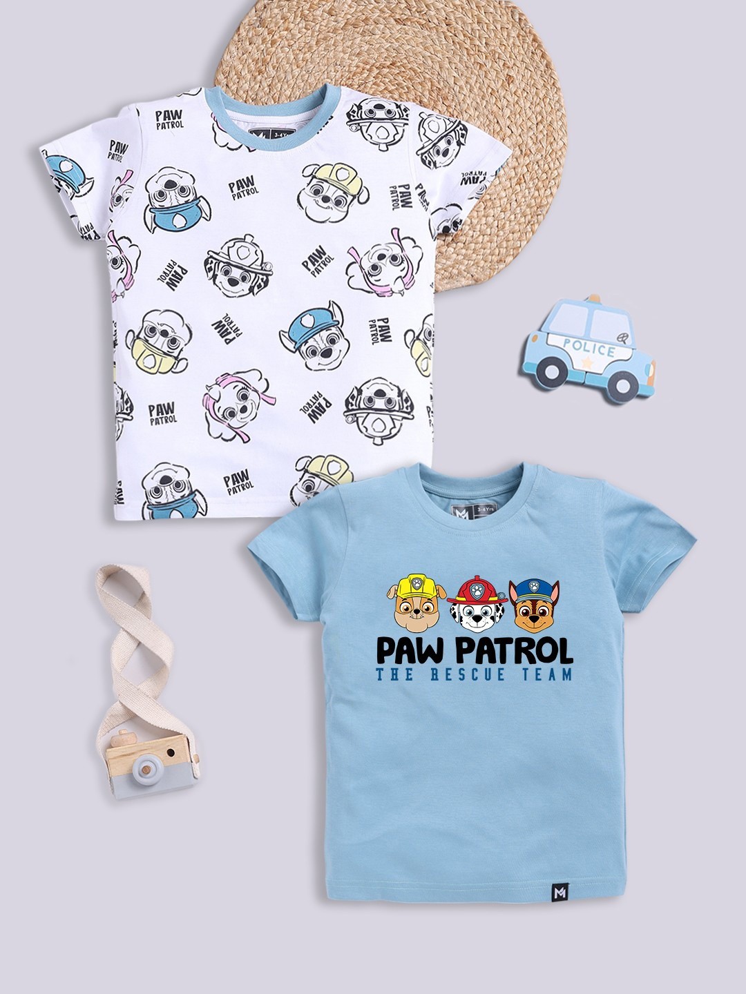

YK X Minute Mirth Boys Pack of 2 Paw Patrol Printed Pure Cotton T-shirts, Blue