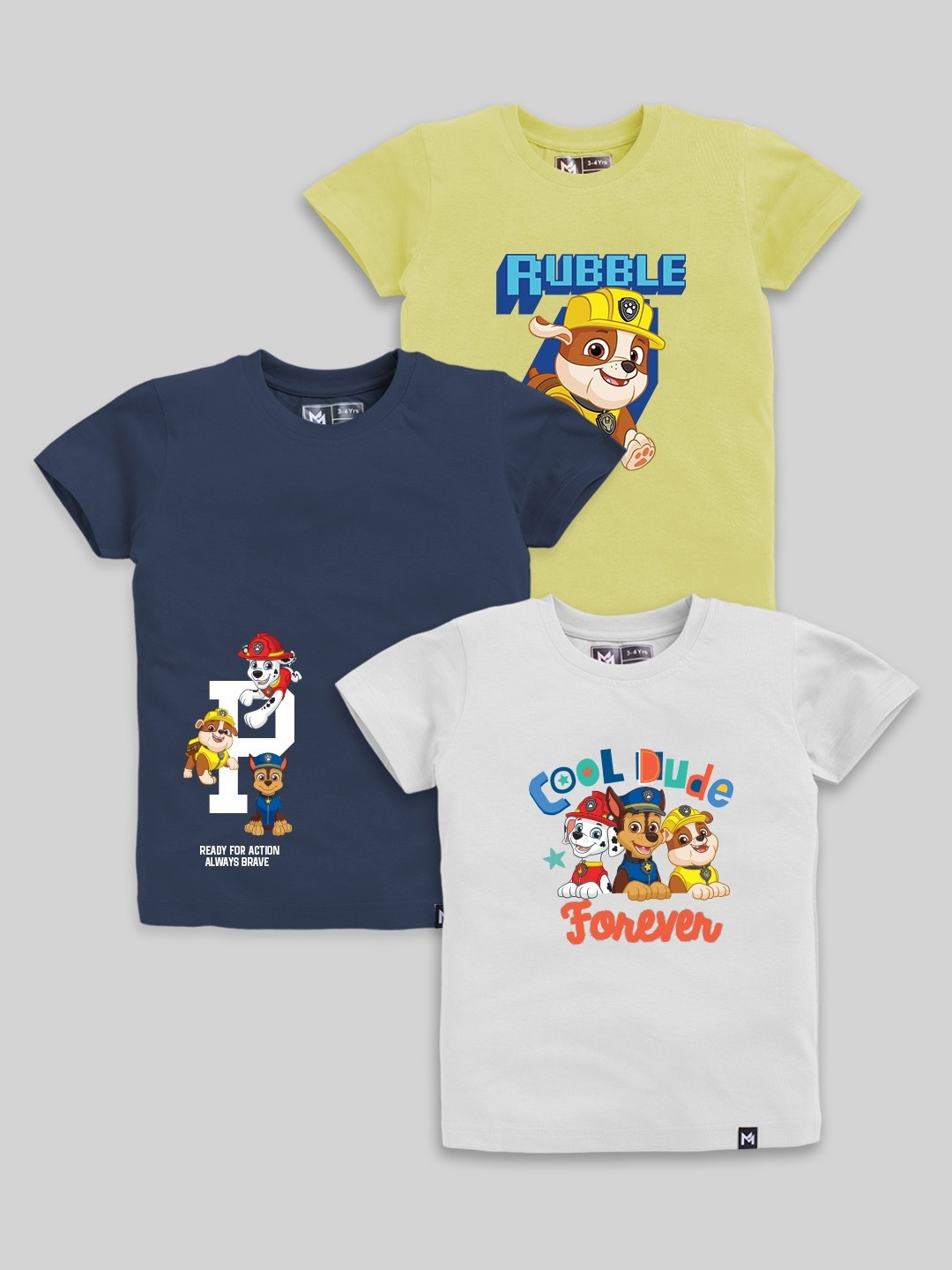 

YK X Minute Mirth Boys Assorted Pack of 3 Paw Patrol Pure Cotton T-shirts