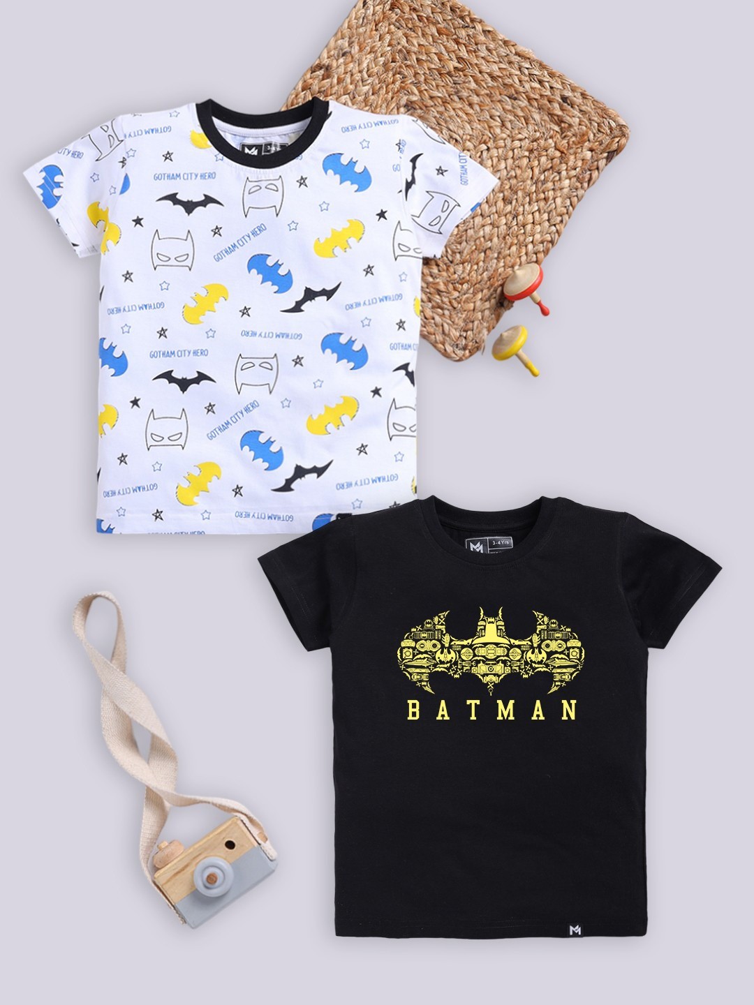 

YK X Minute Mirth Boys Set of 2 Batman Printed Pure Cotton T-shirts, Black