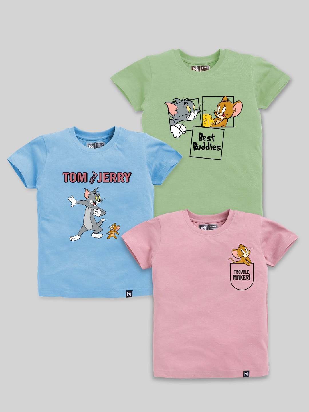 

YK X Minute Mirth Boys Assorted Pack of 3 Tom & Jerry Printed Pure Cotton T-shirts