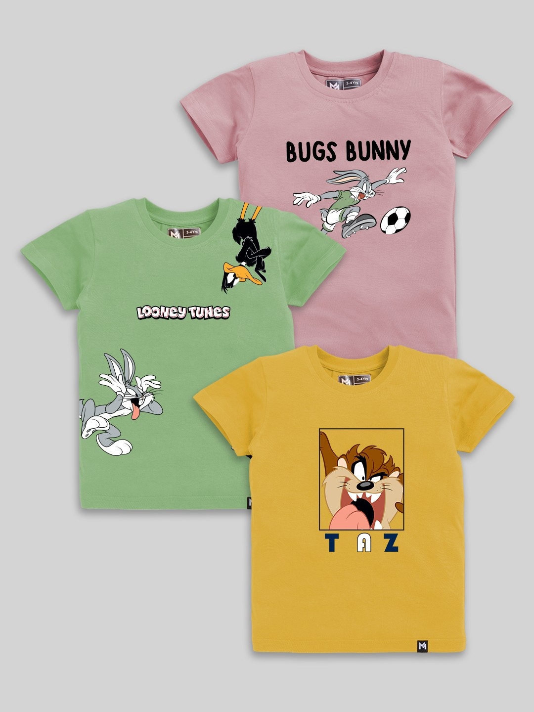 

YK X Minute Mirth Boys Set of 3 Looney Tunes Printed Pure Cotton T-shirts, Pink