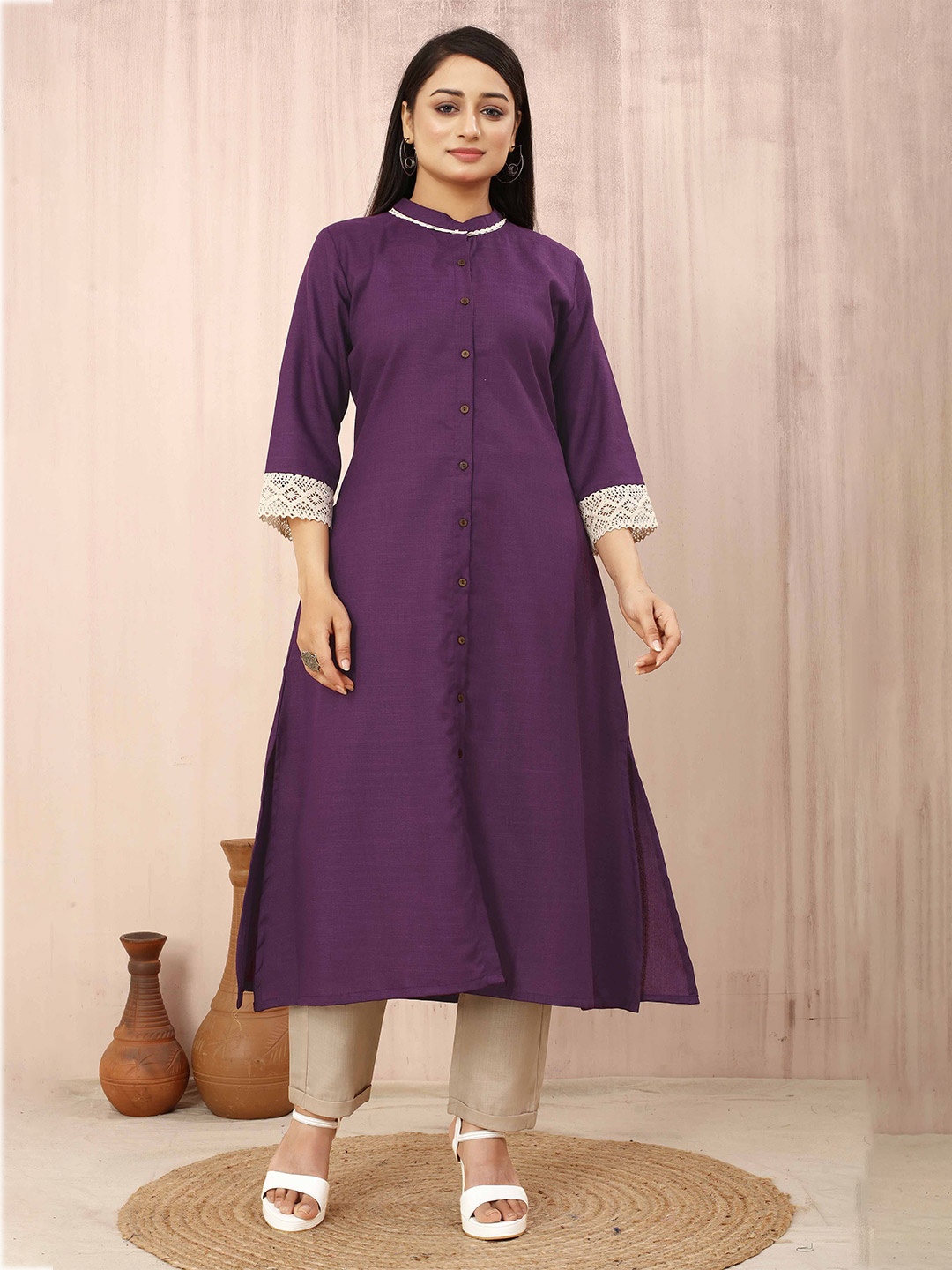 

Odd By Poshaak Mandarin Collar A-Line Cotton Kurta, Purple