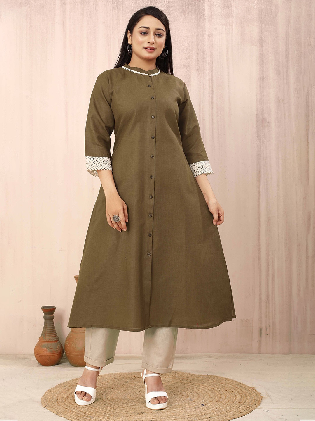 

Odd By Poshaak Band Collar A-Line Cotton Kurta, Coffee brown