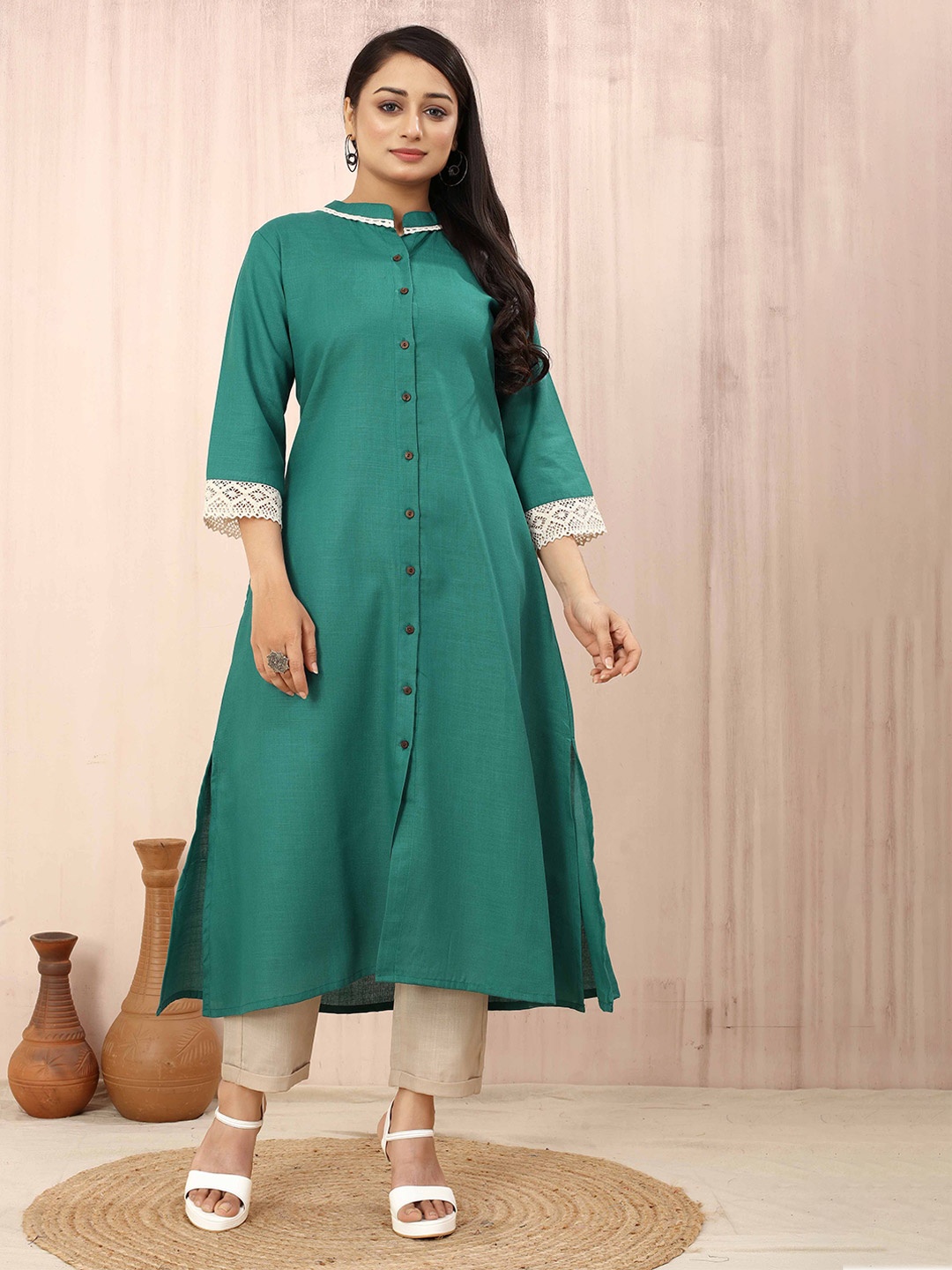 

Odd By Poshaak Mandarin Collar Cotton A-Line Kurta, Teal