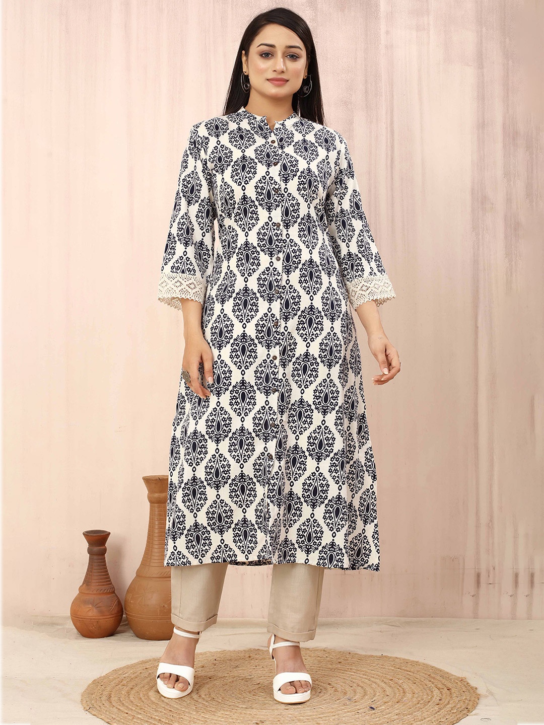 

Odd By Poshaak Ethnic Motifs Printed Mandarin Collar A-Line Cotton Kurta, Off white