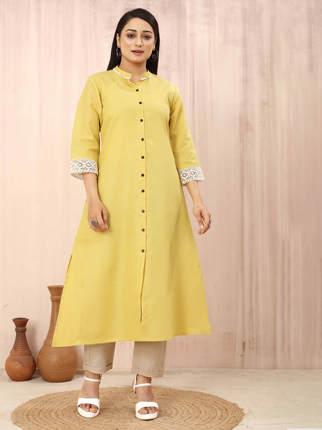 

Odd By Poshaak Mandarin Collar Cotton A-Line Kurta, Yellow