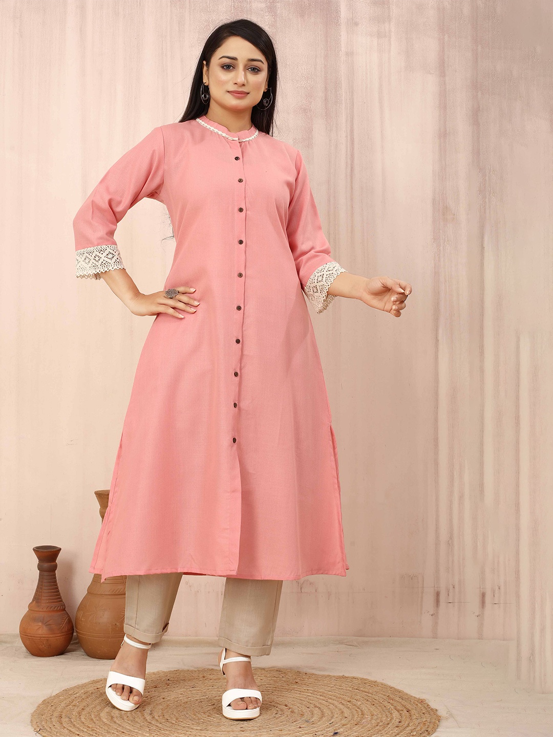 

Odd By Poshaak Mandarin Collar Cotton A-Line Kurta, Peach