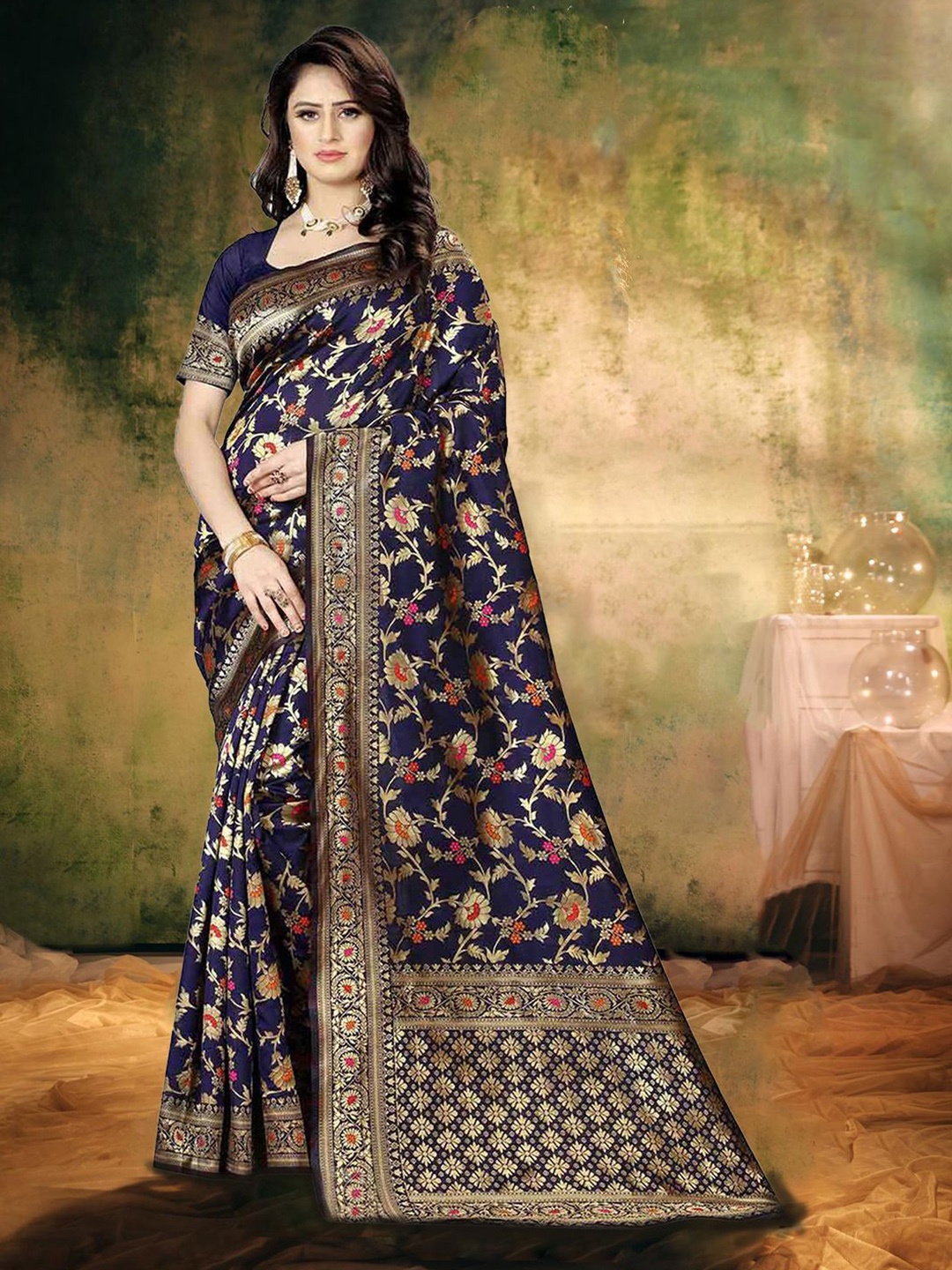 

MANMOHITSAREE Woven Design Zari Banarasi Saree, Navy blue