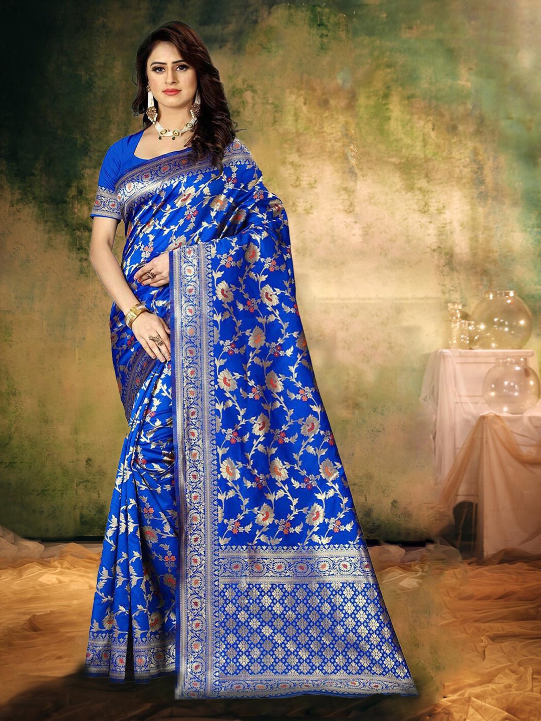 

MANMOHITSAREE Floral Zari Banarasi Saree, Blue