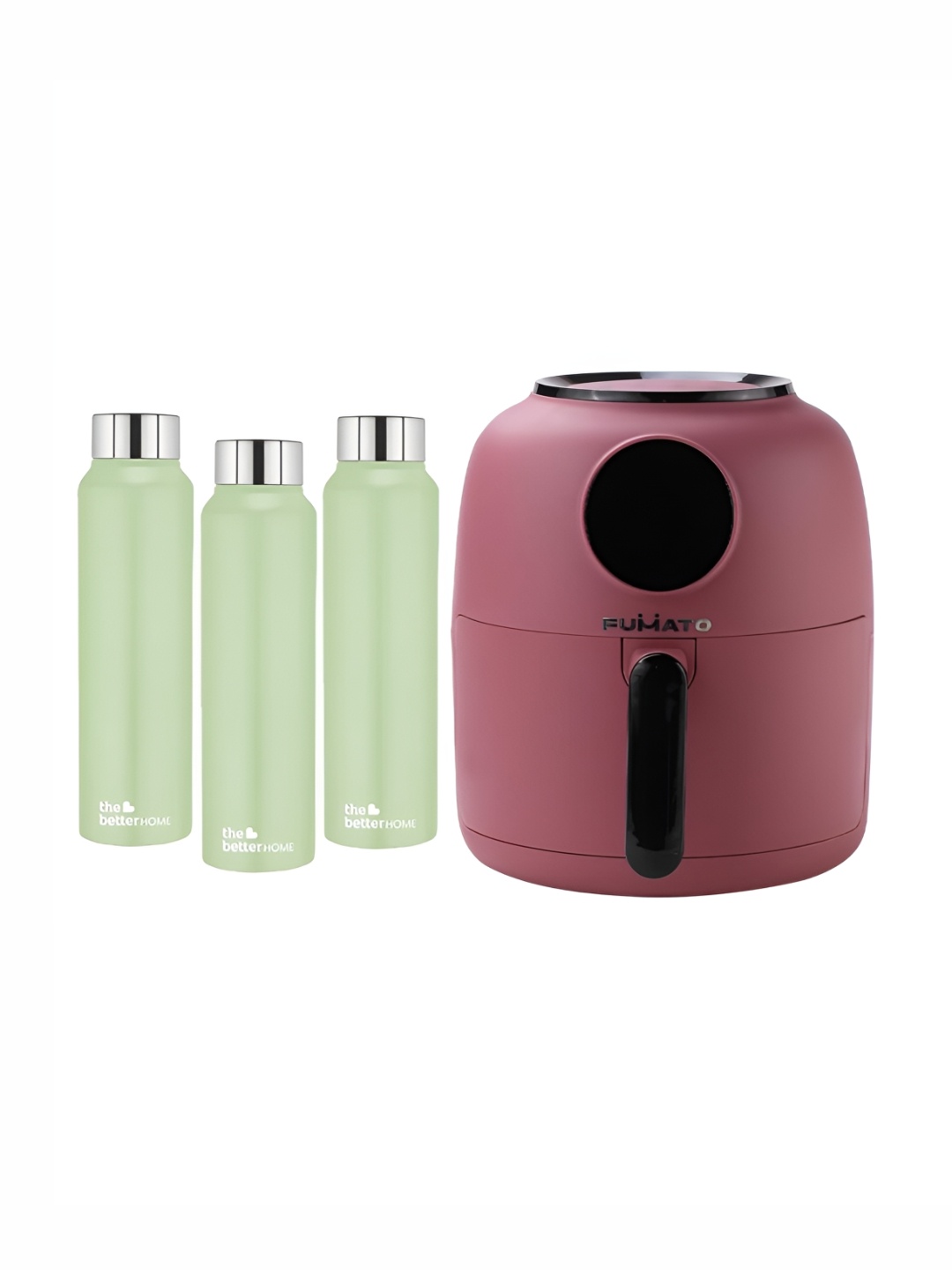 

The Better Home FUMATO Aerochef Pink & Green 1300 W Air Fryer & 3 Pcs Water Bottle Set