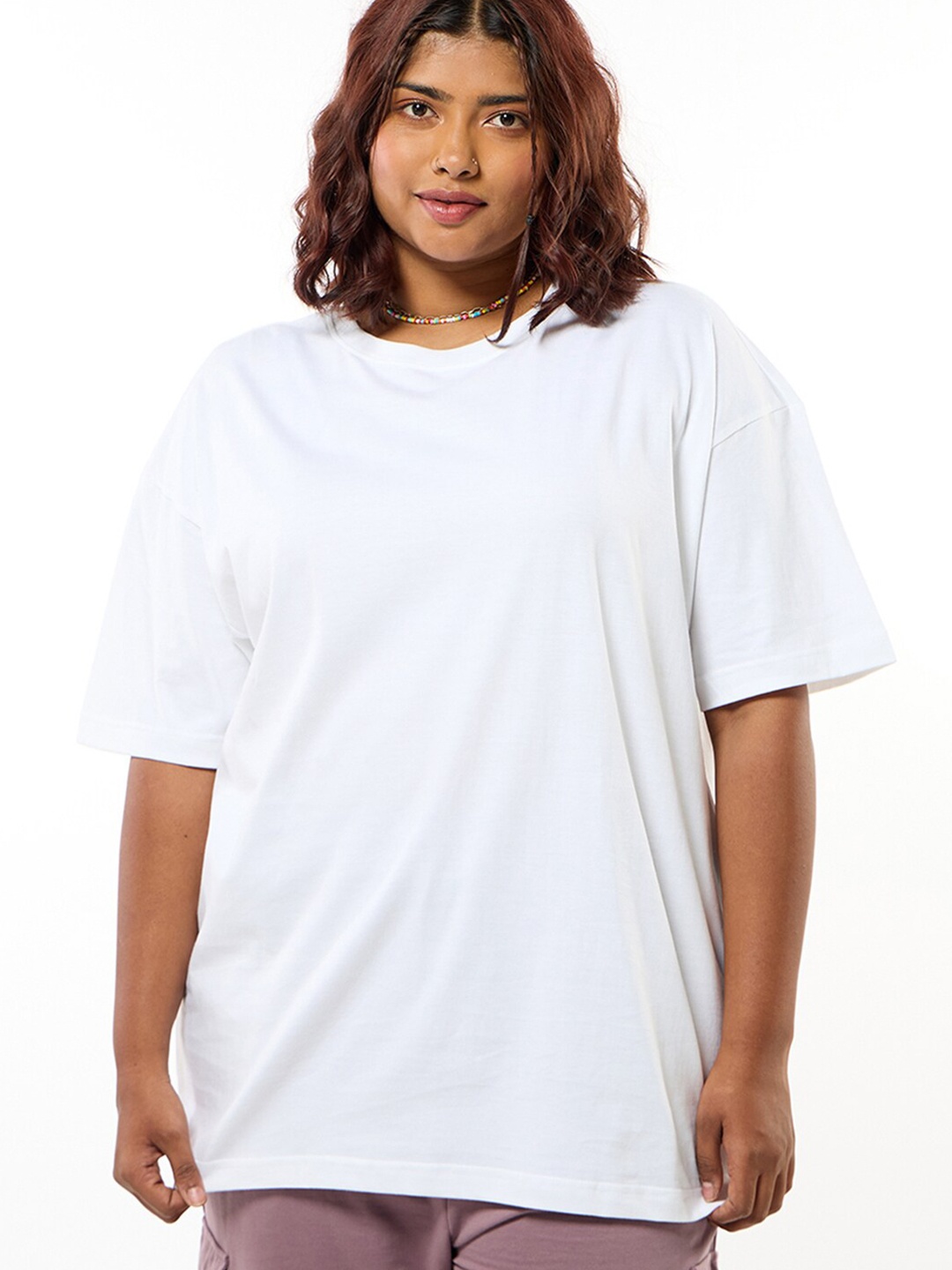 

Bewakoof Plus Women Solid Round Neck T-shirt, White
