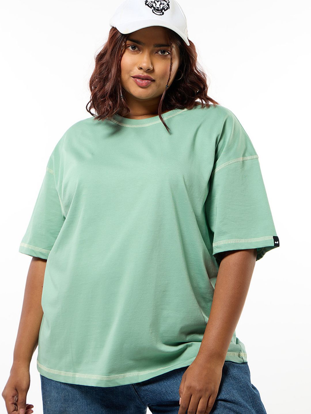 

Bewakoof Plus Women Solid Round Neck T-shirt, Green